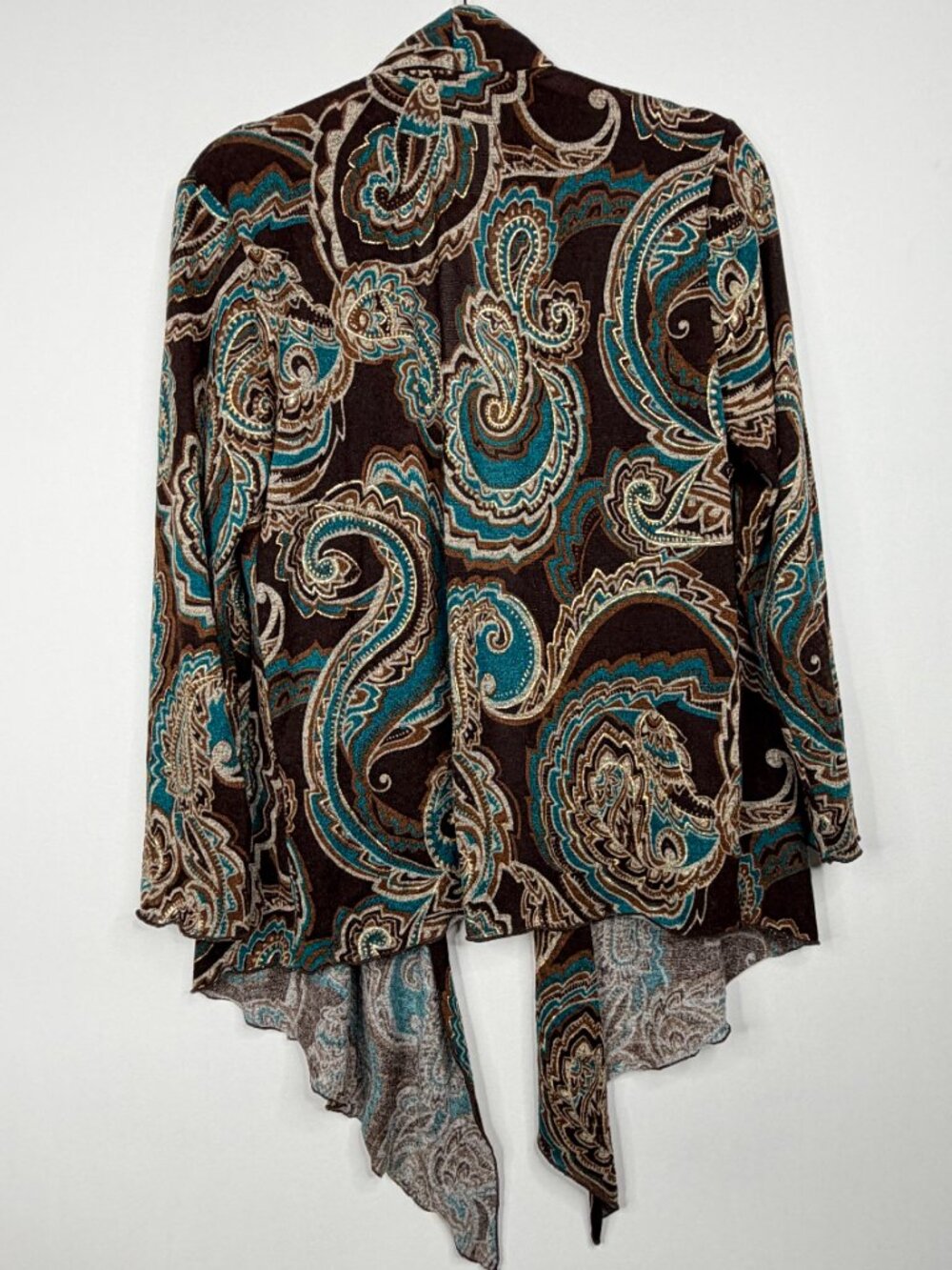 2/$30 Chico's Paisley Print Draped Open Cardigan Brown Teal 8 #A4144 - Picture 4 of 7